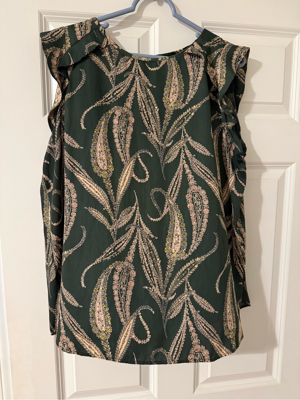 LOFT Dark Green Ruffled Sleeve Paisley Blouse